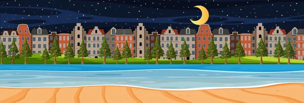 Strand Horizontale Szene Der Nacht Mit Stadt Hintergrund Illustration — Stockvektor