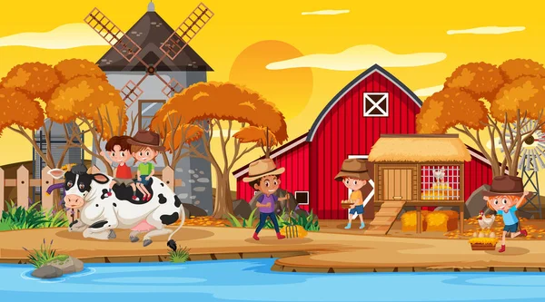 多くの子供の漫画のキャラクターや農場の動物のイラストと農場のシーン — ストックベクタ