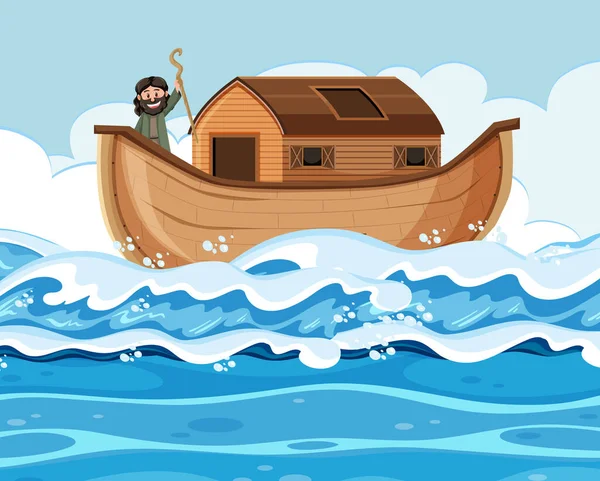 Noe Stojí Sám Své Arše Ilustraci Scény Oceánu — Stockový vektor