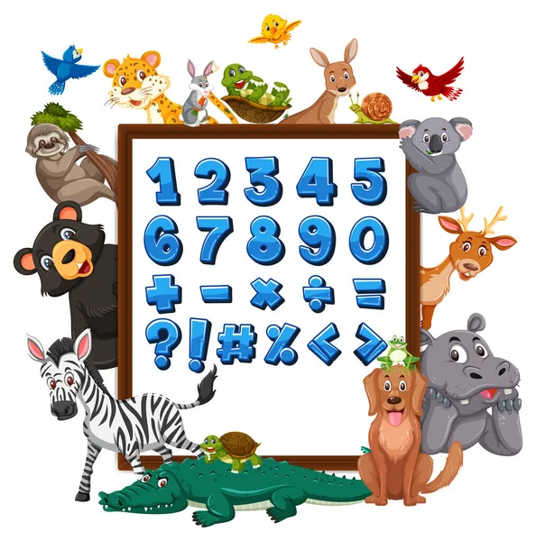 Número Símbolos Matemáticos Banner Con Ilustración Animales Salvajes — Vector de stock