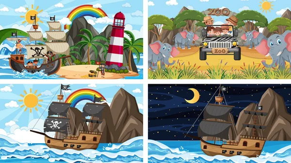 Set Van Verschillende Scènes Met Dieren Dierentuin Piratenschip Zee Illustratie — Stockvector