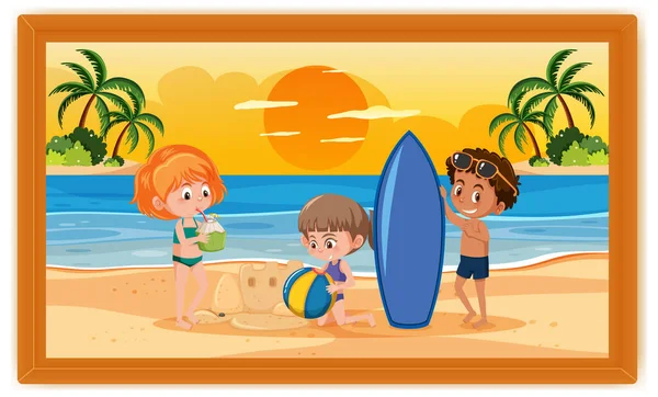 Niños Vacaciones Verano Escena Foto Marco Ilustración — Archivo Imágenes Vectoriales
