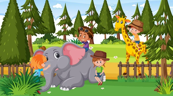 Cena Zoológico Com Muitas Crianças Brincando Com Animais Zoológico Ilustração —  Vetores de Stock