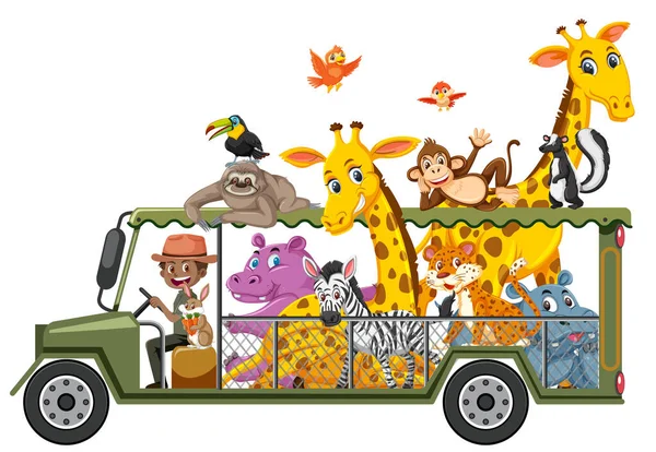 Zoo Concept Met Wilde Dieren Auto Geïsoleerd Witte Achtergrond Illustratie — Stockvector