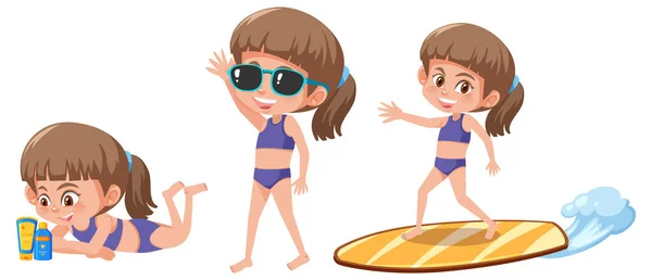 Set Girl Cartoon Character Different Positions Summer Theme Illustration — Stock Vector
