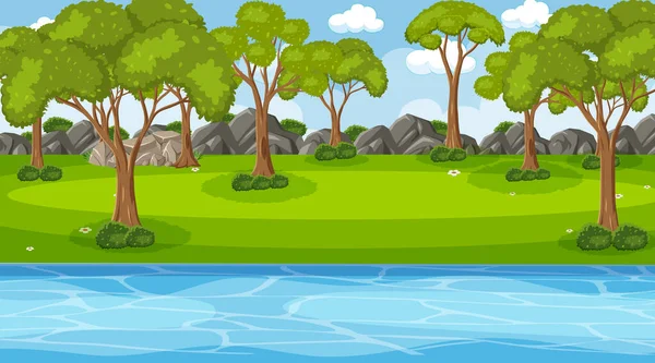 Szene Mit Vielen Bäumen Wald Fluss Illustration — Stockvektor
