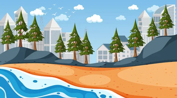 Scena Spiaggia Con Paesaggio Urbano Sfondo Illustrazione — Vettoriale Stock