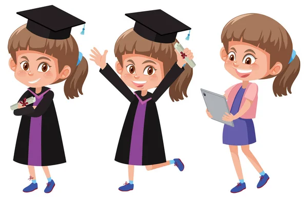 Ensemble Une Fille Portant Une Robe Graduation Avec Différentes Poses — Image vectorielle