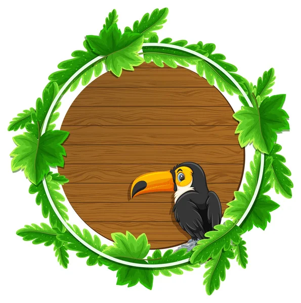 Runde Grüne Blätter Banner Vorlage Mit Einem Tukan Zeichentrickfigur Illustration — Stockvektor