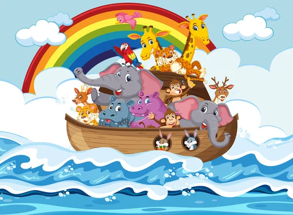 Animals Noah Ark Floating Ocean Scene Illustration — Stock Vector