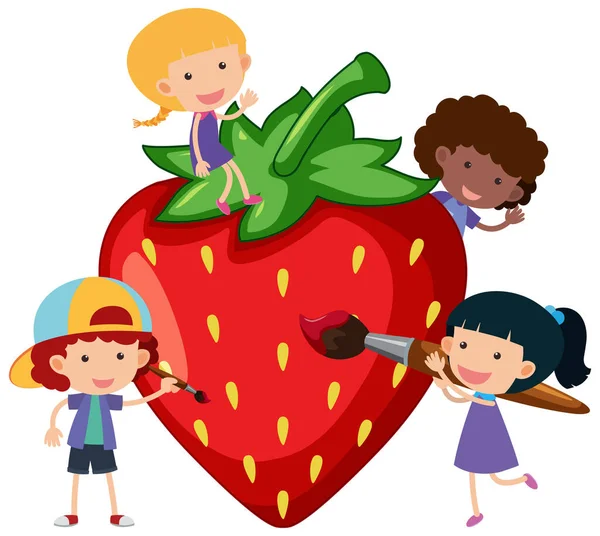 Strawberry Many Children Cartoon Character Isolated Illustration — Stock Vector