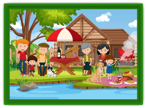 Glückliche Familie Picknick Freien Szene Foto Einem Rahmen Illustration — Stockvektor