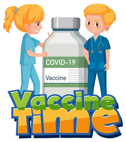 Vacina Fonte Time Com Dois Médicos Ilustração Frasco Vacina — Vetor de Stock
