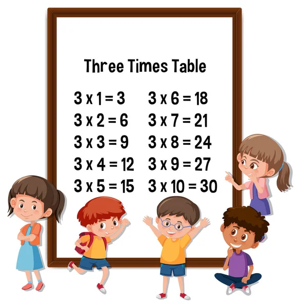 Three Times Table Avec Nombreux Enfants Illustration Personnage Dessin Animé — Image vectorielle