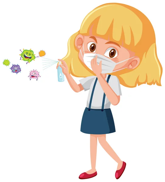 Una Chica Usa Máscara Usa Desinfectante Alcohol Con Ilustración Personajes — Vector de stock