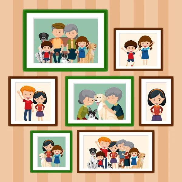 Set Van Gelukkige Familie Foto Frames Cartoon Stijl Illustratie — Stockvector