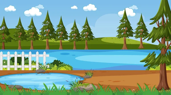 Empty Nature Park Landscape Scene River Illustration — Stock Vector