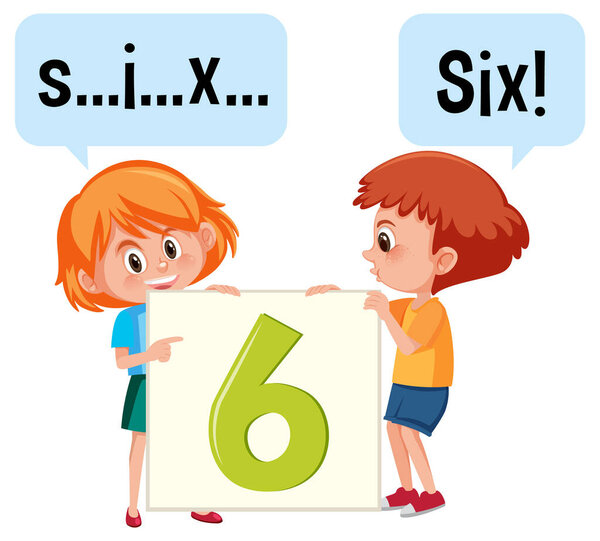 Cartoon character of two kids spelling the number six illustration