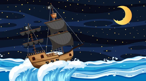 Ozean Mit Piratenschiff Bei Nächtlicher Szene Cartoon Stil — Stockvektor