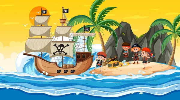 Treasure Island Cena Pôr Sol Com Crianças Piratas Ilustração — Vetor de Stock