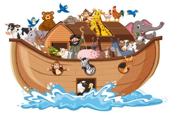 Animals on Noah's ark with sea wave isolated on white background illustration