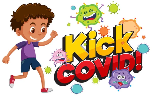 Kick Covid Písmo Chlapcem Snaží Koronavirus Kreslený Znak Ilustrace — Stockový vektor
