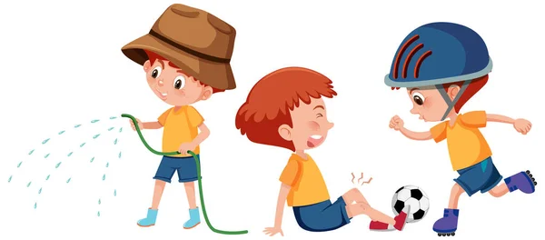Set Eines Jungen Cartoon Figur Die Verschiedene Aktivitäten Illustration — Stockvektor