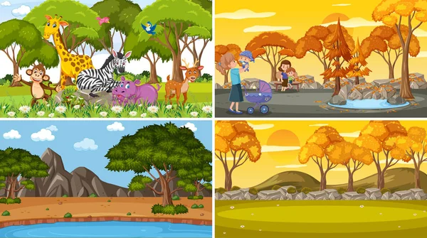Set Diverse Scene Natura Sfondo Stile Cartone Animato Illustrazione — Vettoriale Stock