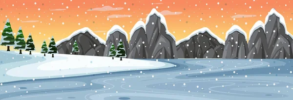 Horizontale Schneeszene Mit Berglandschaft Bei Sonnenuntergang Illustration — Stockvektor