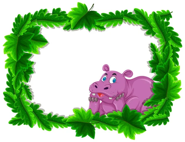 Empty Banner Tropical Leaves Frame Hippopotamus Cartoon Character Illustration — Stock Vector