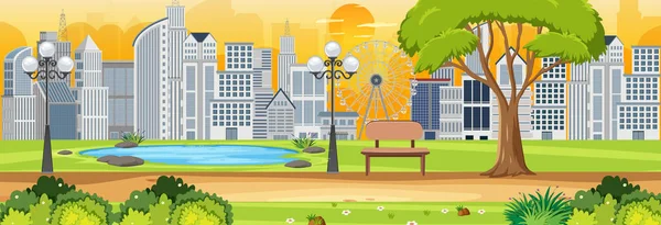 Saison Automne Avec Parc Municipal Coucher Soleil Illustration Scène Horizontale — Image vectorielle