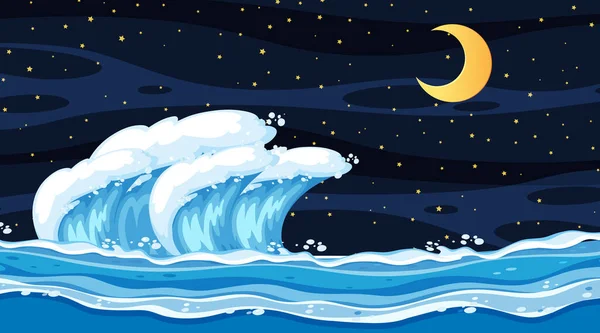 Strand Táj Éjszakai Jelenet Óceán Hullám Illusztráció — Stock Vector