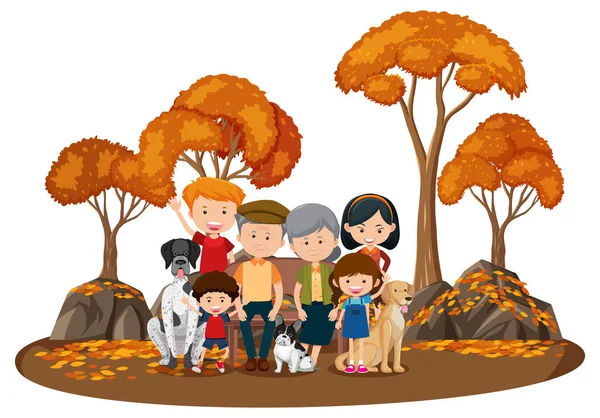 公园里快乐的家庭 有许多秋天的树 — 图库矢量图片