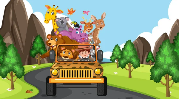 Scène Safari Avec Des Animaux Sauvages Dans Jeep Illustration Voiture — Image vectorielle