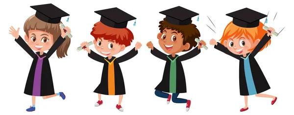 Σύνολο Διαφορετικών Παιδιών Που Φορούν Φόρεμα Αποφοίτησης Εικονογράφηση — Διανυσματικό Αρχείο