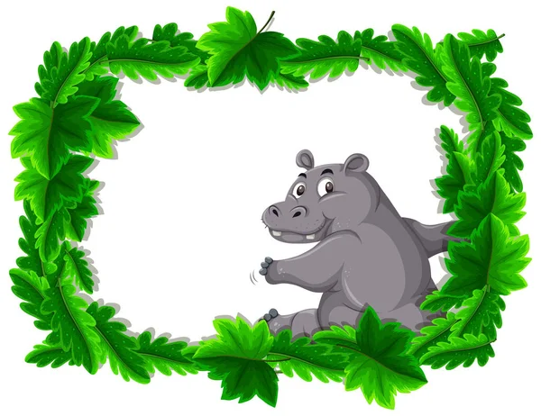 Empty Banner Tropical Leaves Frame Hippopotamus Cartoon Character Illustration — Stock Vector