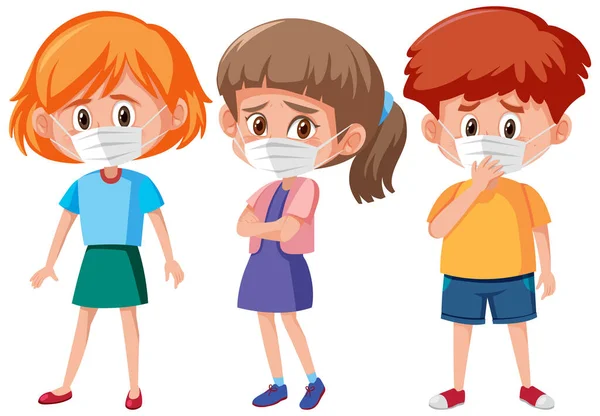 Conjunto Diferentes Niños Con Máscara Ilustración Personajes Dibujos Animados — Vector de stock