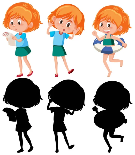 Conjunto Uma Personagem Desenho Animado Menina Diferentes Posições Com Sua — Vetor de Stock