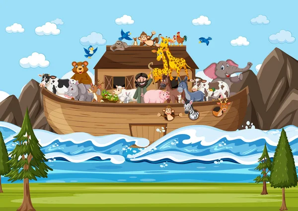 Ноев Ковчег Плавающий Многими Животными Иллюстрации Океанской Сцены — стоковый вектор