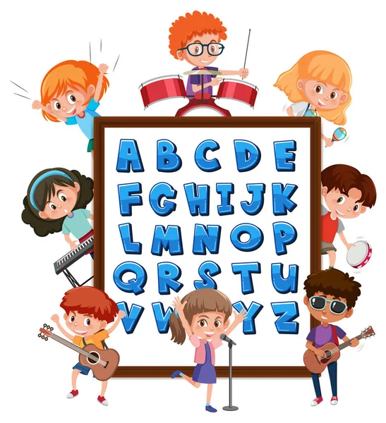 Tableau Alphabet Avec Nombreux Enfants Faisant Différentes Activités Illustration — Image vectorielle