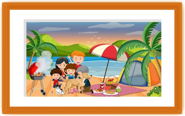Una Foto Famiglia Spiaggia Una Cornice Illustrazione — Vettoriale Stock
