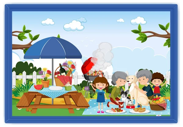 Glückliche Familie Picknick Freien Szene Einem Fotorahmen Illustration — Stockvektor