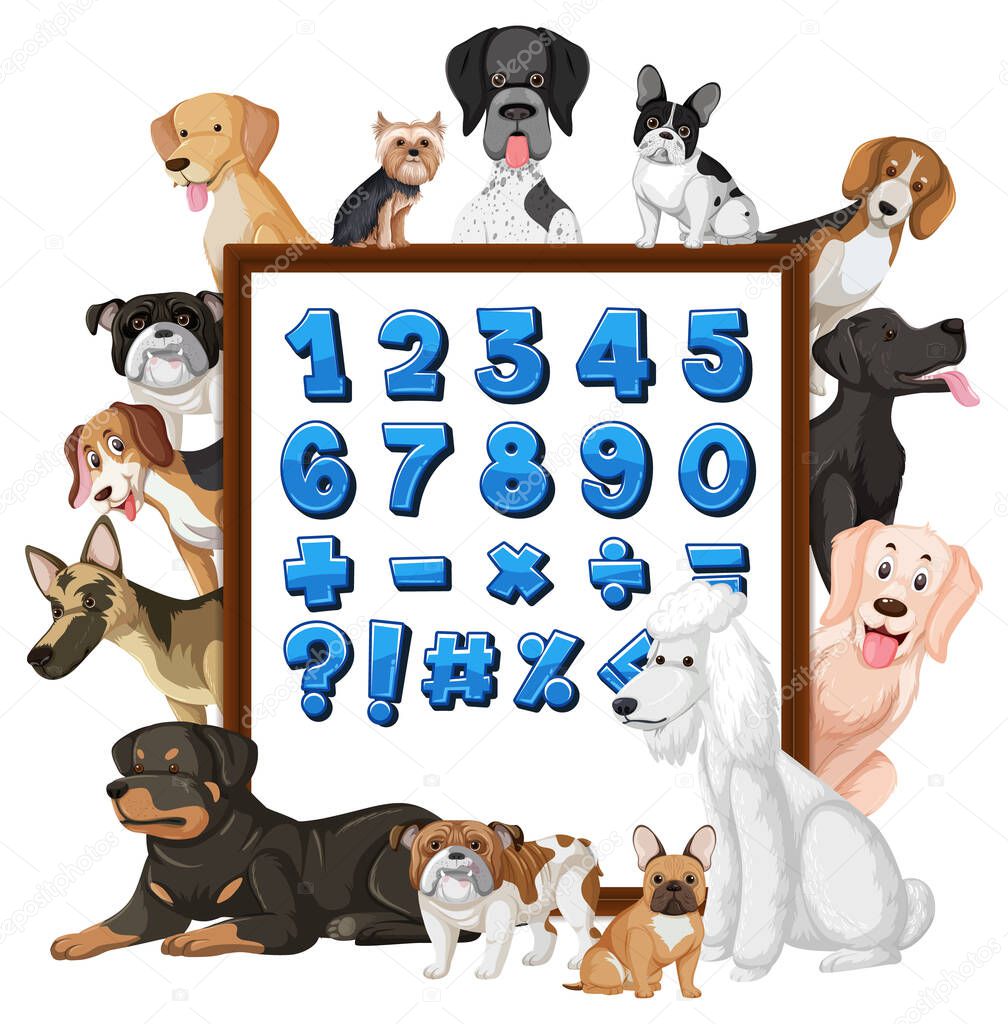 Number 1-10 and math symbols on a board with many different types of dogs illustration