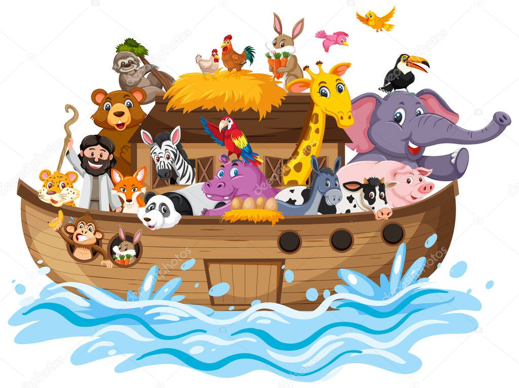 Noah's Ark with Animals on water wave isolated on white background illustration