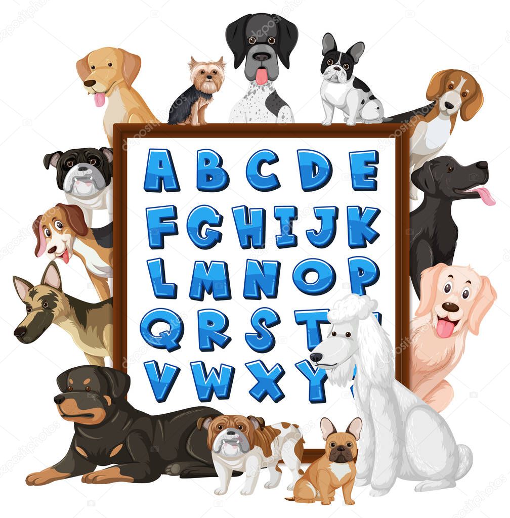 A-Z Alphabet board with many different types of dogs illustration