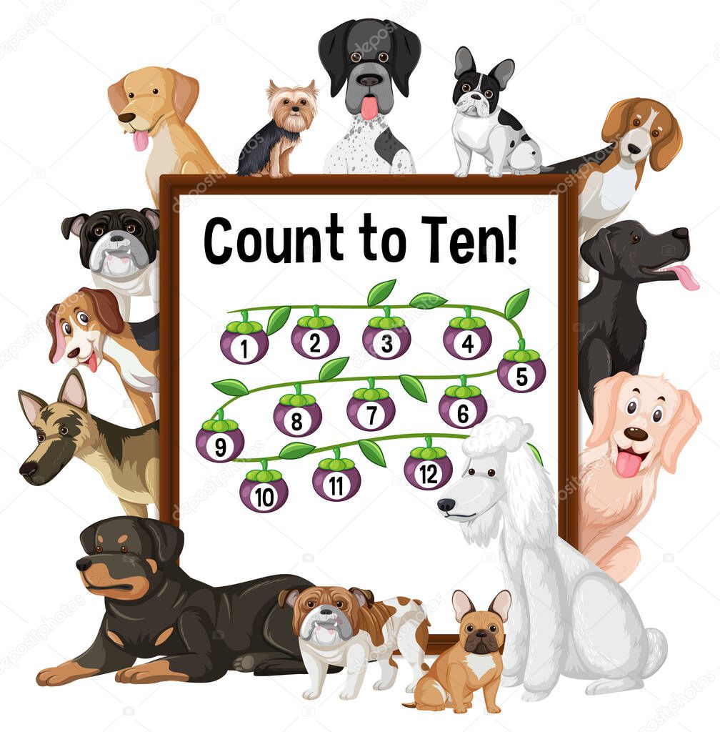 Count to Ten board with many different types of dogs illustration