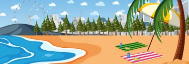 Gündüz vakti şehir manzarası resimli plaj yatay sahnesi