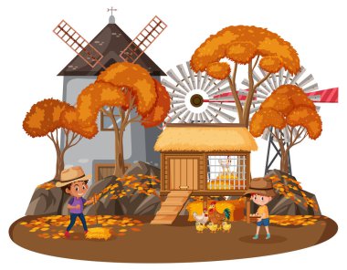 Beyaz arkaplanda çocuklu bir çiftlik evi