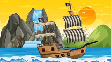 Günbatımı sahnesinde Korsan gemisiyle okyanus karikatür tarzı illüstrasyon