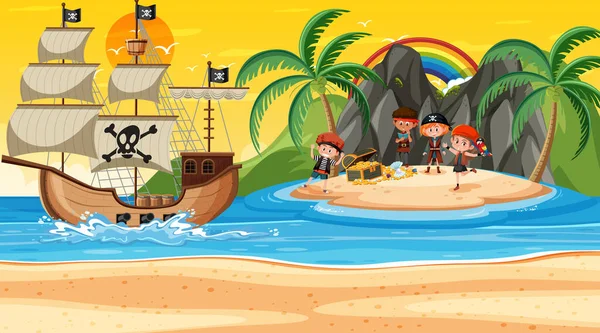 Treasure Island Σκηνή Στο Ηλιοβασίλεμα Pirate Παιδιά Εικονογράφηση — Διανυσματικό Αρχείο